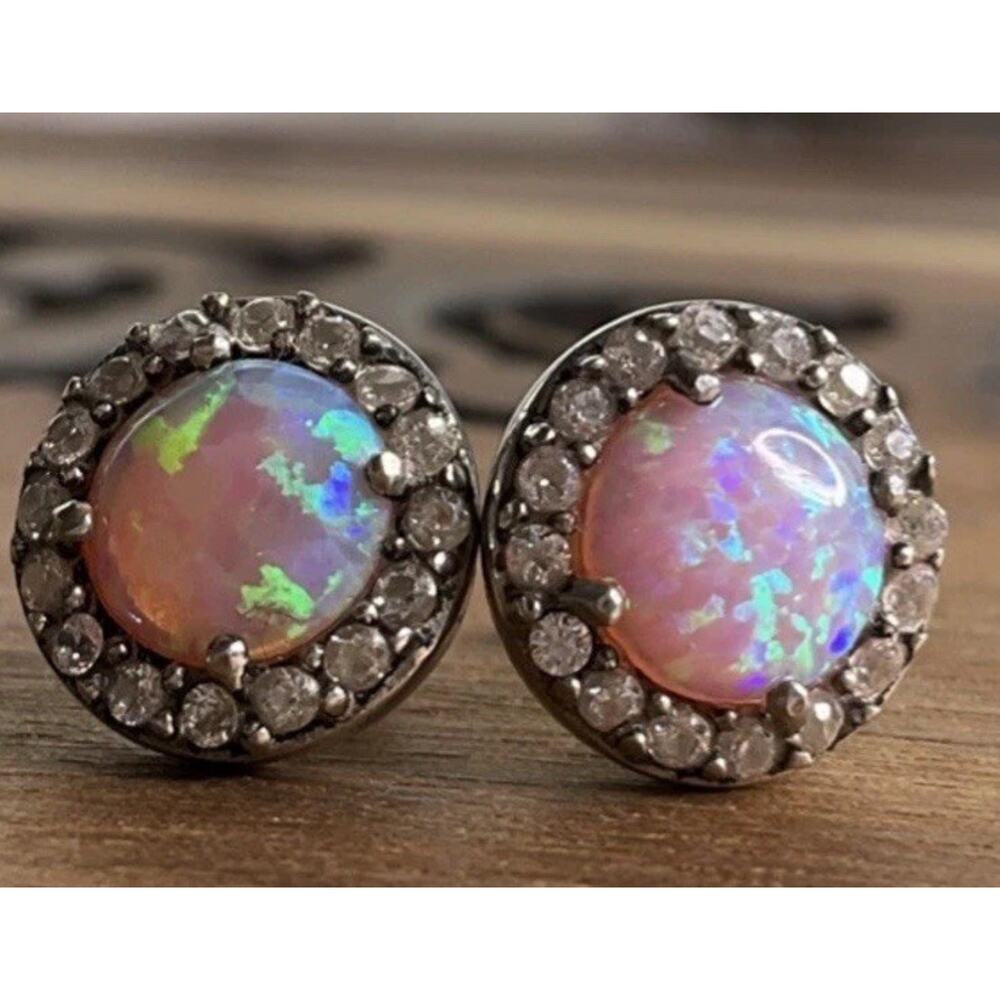 Sterling Silver Opal Halo Stud Earrings Round Fire Opal 925